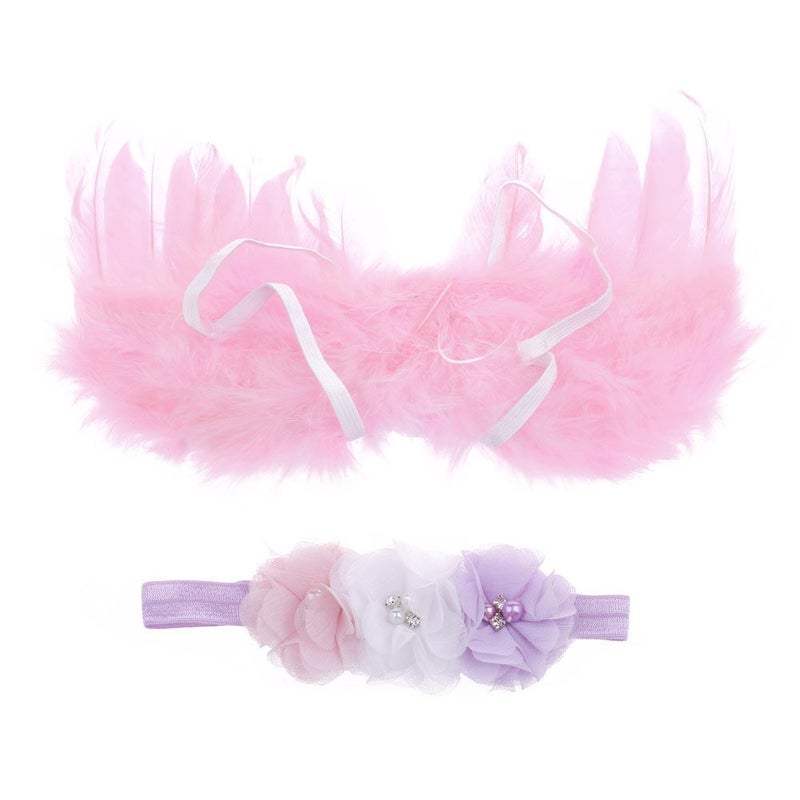 Jackcell Newborn Photography Props Angel Wings Costume, Outfit Baby Girl Picture Props With Flower Headband (Pink) - Image 2